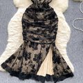 Evening gown women's high-end banquet party dress - slim fit, flocked print, pleated, slit, mermaid maxi dress