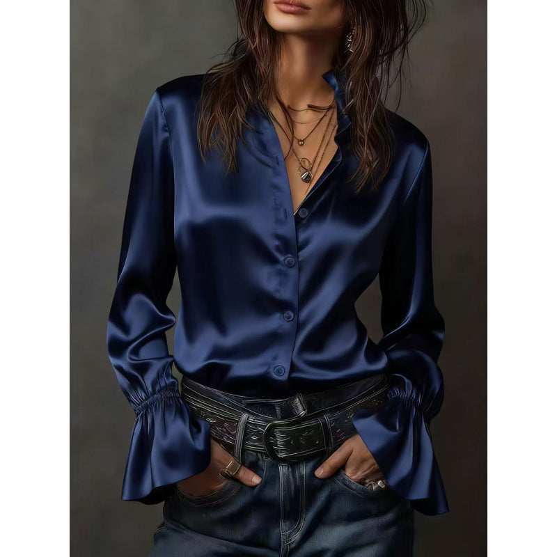 new arrival: solid color wale satin long sleeve blouse