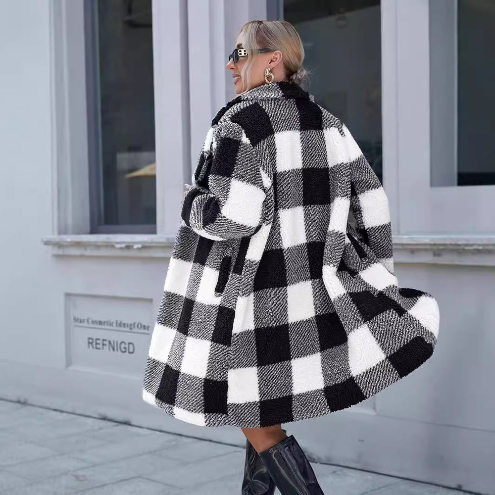 2025 new european and american autumn collection women's lapel long sleeve open front plaid longline loose casual coat