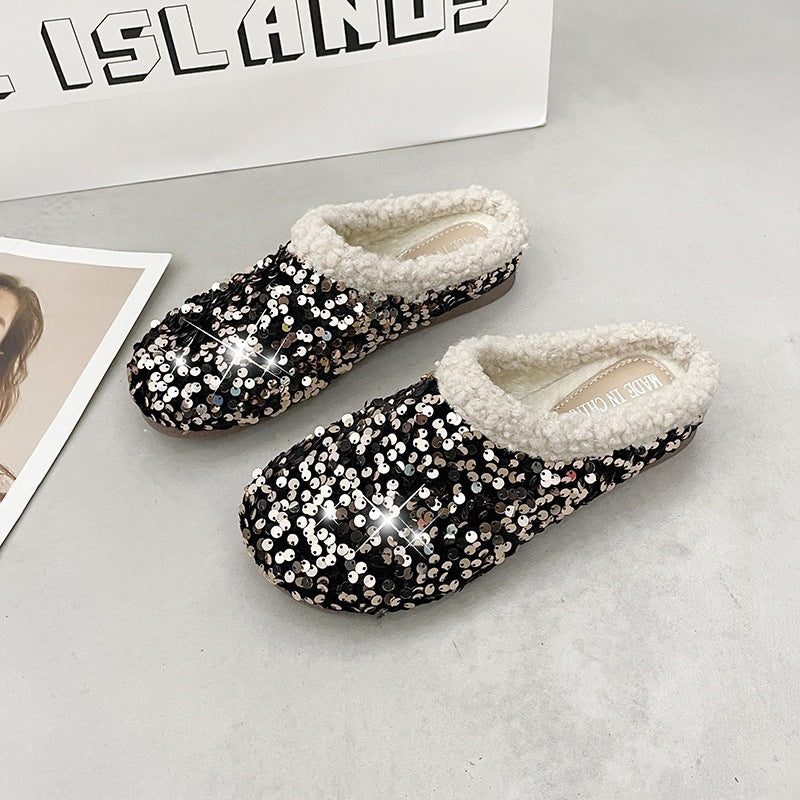 plus size baotou fur slippers for women outwearfleece-linedsequin autumn winternew arrivalstuffed cotton slippers