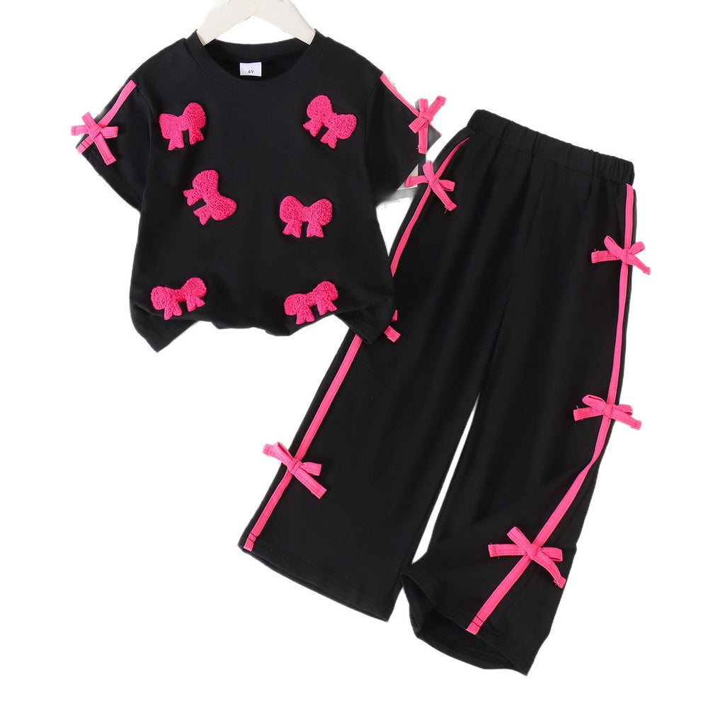 Children's clothing shein cross-border girl suit black t-shirt + pants suit two-piece set