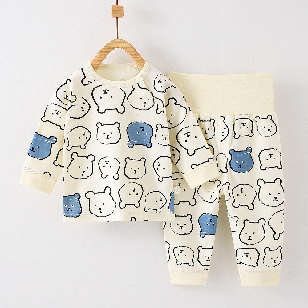 newborn & infant pure cotton autumn clothes set: high-waisted belly protection pants & seamless kids' pajamas