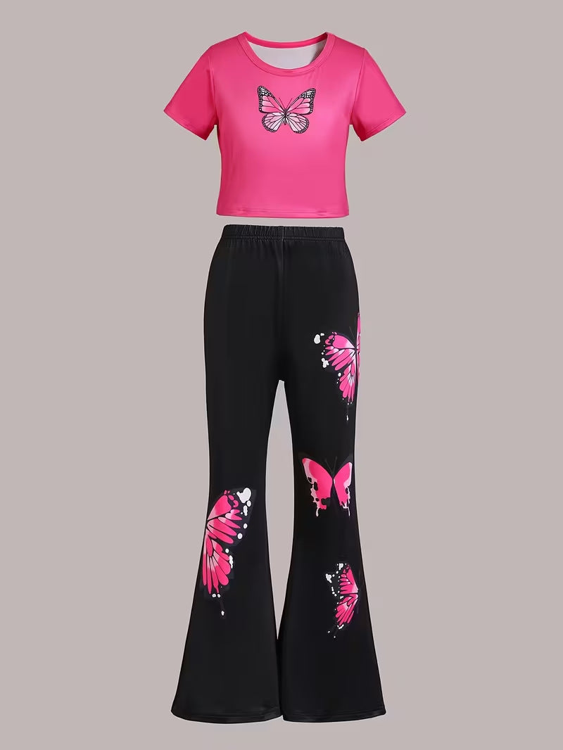 wholesale girls' flared pants set, a fashionable spring, summer, and autumn outfit for girls, featuring a short-sleeved top and long flared pants, perfect for going out