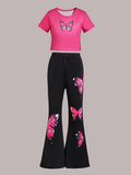 wholesale girls' flared pants set, a fashionable spring, summer, and autumn outfit for girls, featuring a short-sleeved top and long flared pants, perfect for going out