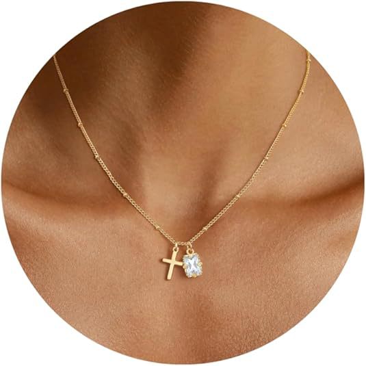 New arrival amazon geometry 12 birthstone square pendant cross inlaid rhinestone necklace lady necklace