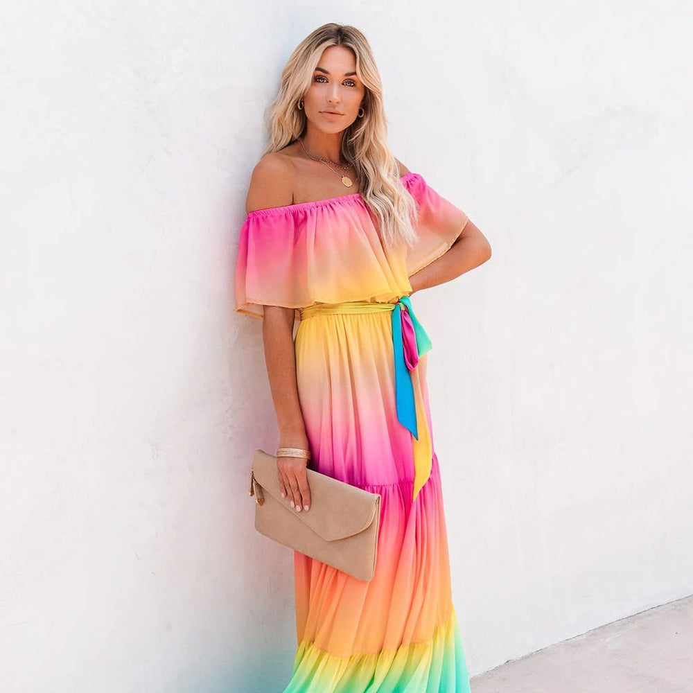 new foreign trade  style printed maxi dress gown   off-the-shoulder cross-border fashion dress