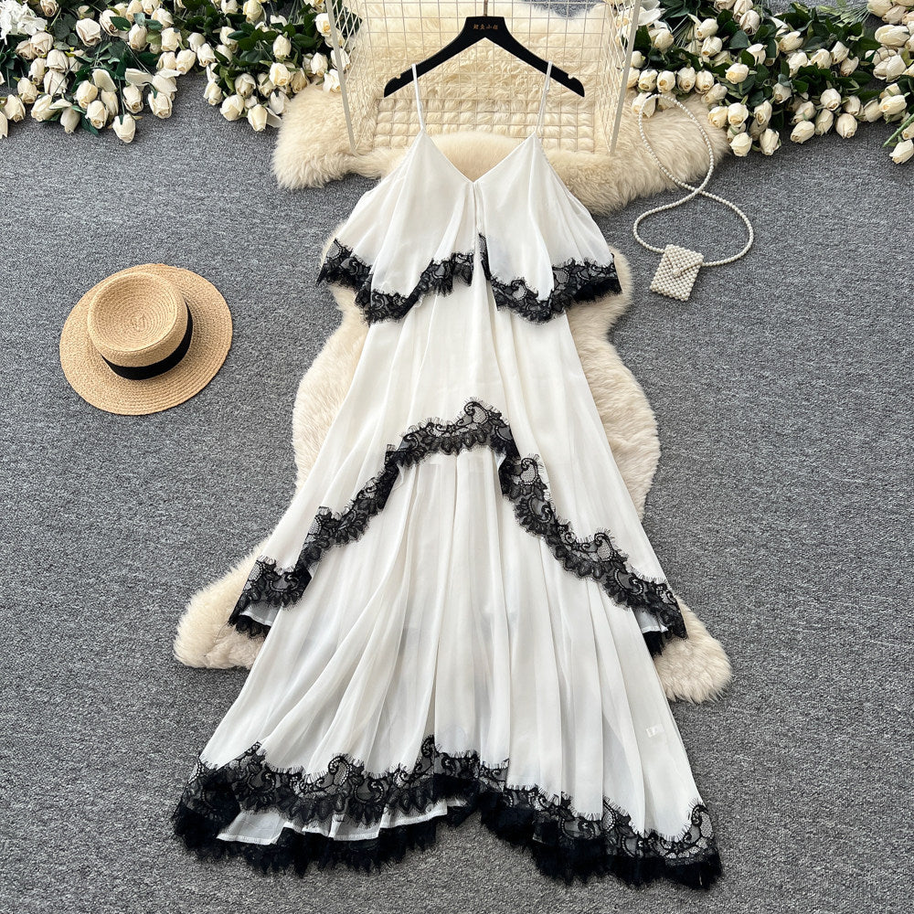Vacation style lacepatchwork suspender dress female summerk-stylev neckasymmetrical fairy elegant long skirt slimming look