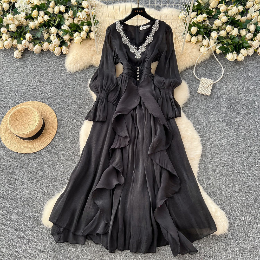 Frenchclassyelegancedress women's fashion heavy industry embroidered beads and diamonds v neck waist elegant palace style long skirt