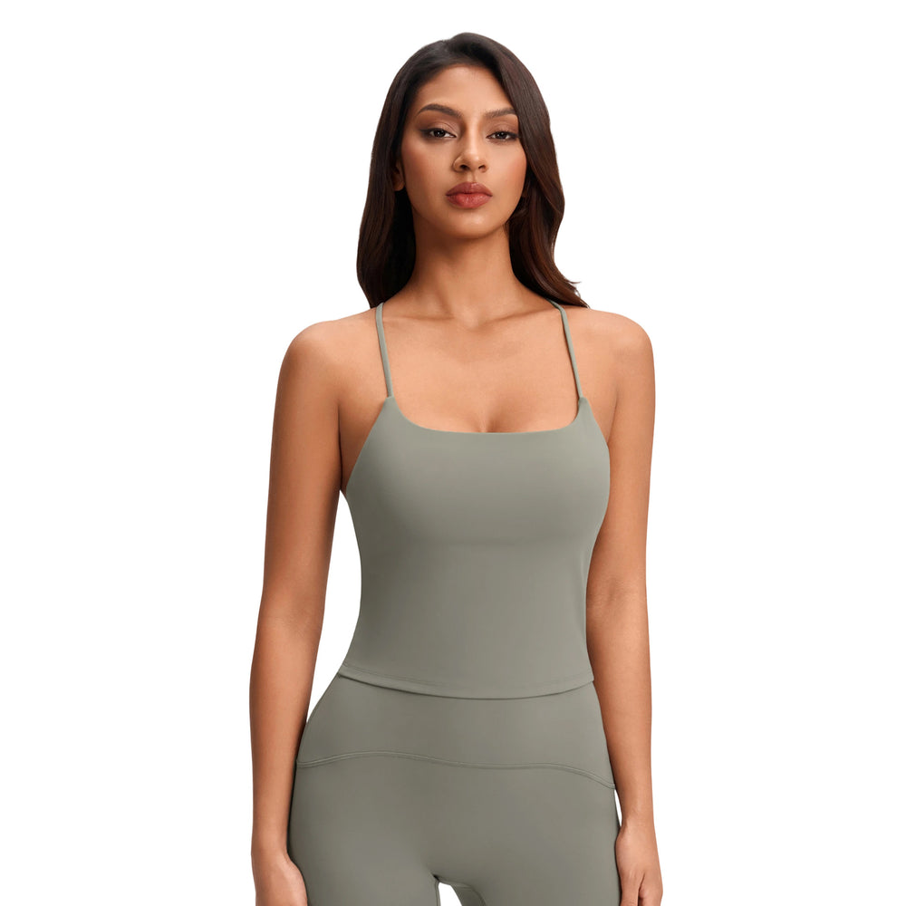 Cross-strap camisole tank top for women with built-in bra pads - no bra needed - cropped fitness yoga top yg-1008