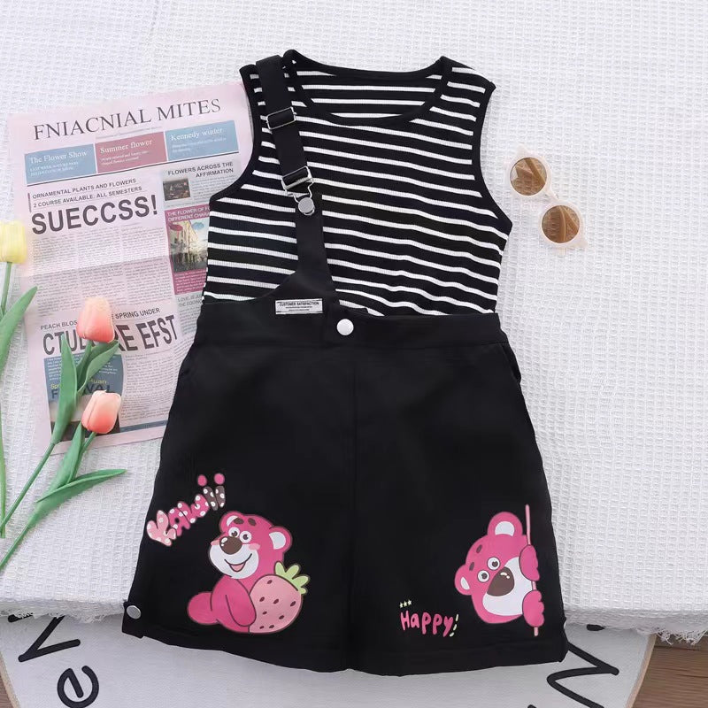 Summer girls' two-piece outfit: striped tank top with one-shoulder straps and shorts, featuring cartoon print, fashionable kuromi korean style