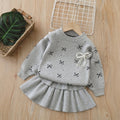 Girls' sweater two-piece set: new korean style, chic bow detail, kids' knitted pullover top and tiered skirt outfit
