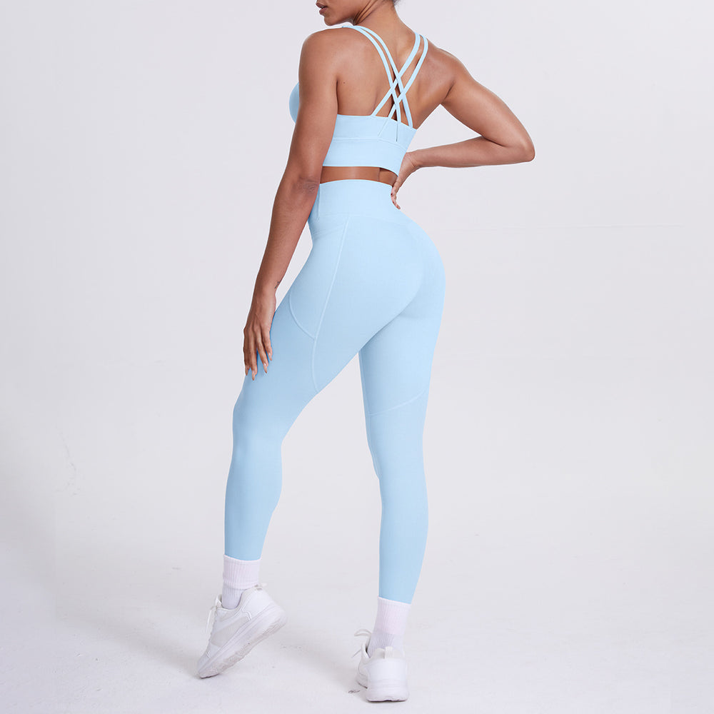 Fashion cross-border nude brushed cross back bra sports hip pocket pants fitness yoga clothes two-piece set