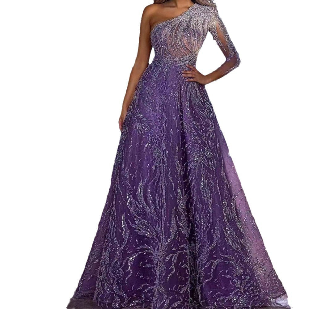 new spring/summer cross-border fashion: european and american style evening gown - gold-embellished, open sleeves, slit dress, slim-fit long formal dress