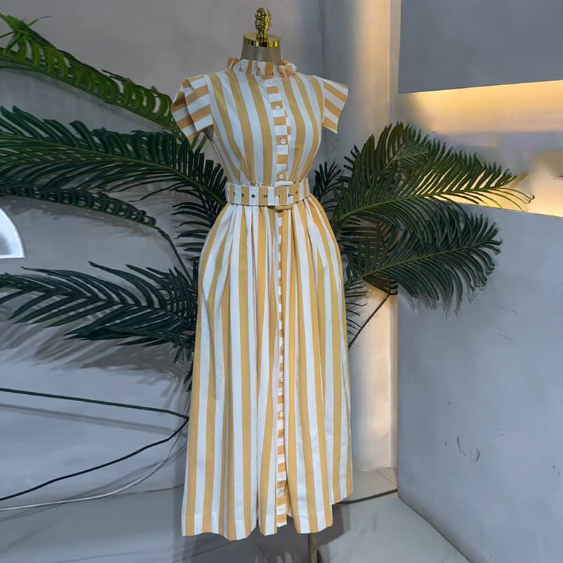 European and american cross-border women's fashion:  spring new arrival - elegant and stylish yellow striped ruffle-trimmed tie-waist dress