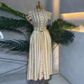 European and american cross-border women's fashion:  spring new arrival - elegant and stylish yellow striped ruffle-trimmed tie-waist dress