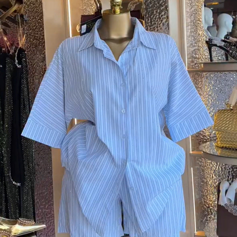 European and american cross-border women's fashion:  autumn new collection - stylish turn-down collar striped short-sleeve shirt and wide-leg shorts casual set