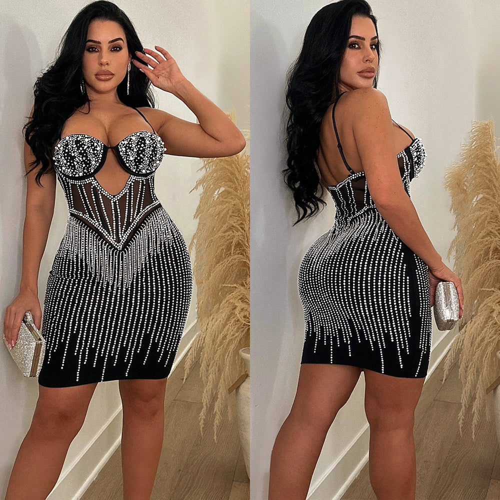 C6753 cross-border   fashion women's solid color mesh rhinestone camisole mini dress
