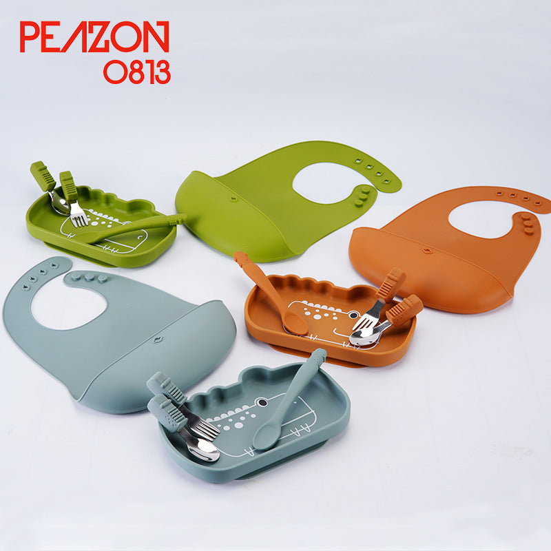 Customized silicone plate set, anti-drop baby bowl saliva pocket, multi-color cute style children's tableware set