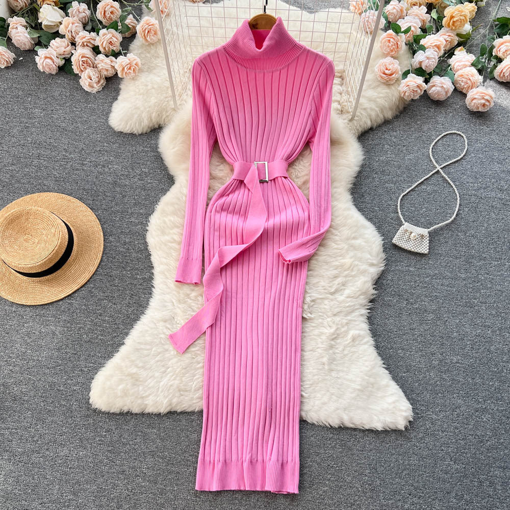 European and american style mock neck knit dress - autumn women's french retro slim fit bodycon maxi dress