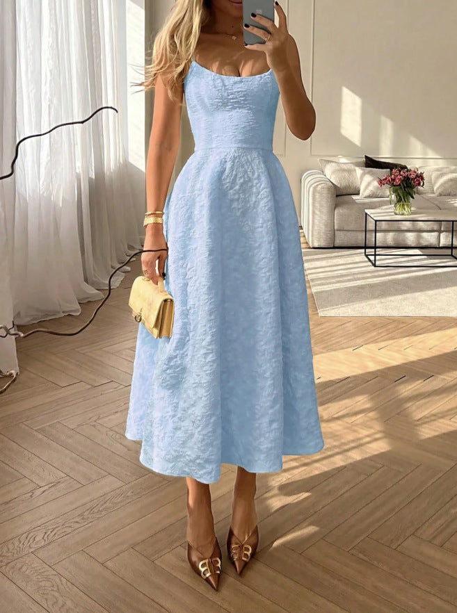 cross-border french pink camisole lace-up waist maxi dress