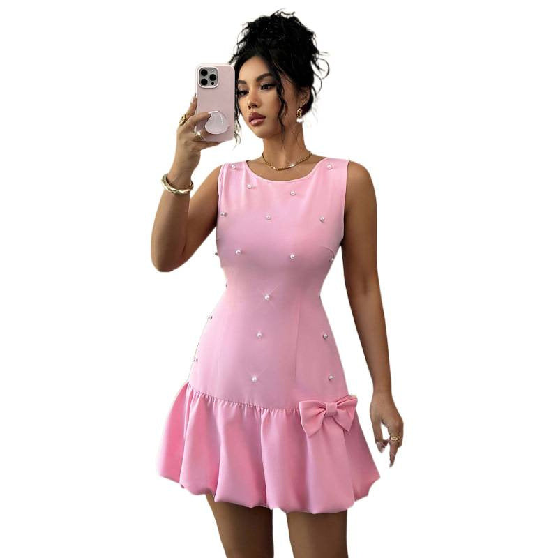 Women's spring/summer new french chic pearl-embellished bow detail round neck fitted sleeveless mini dress