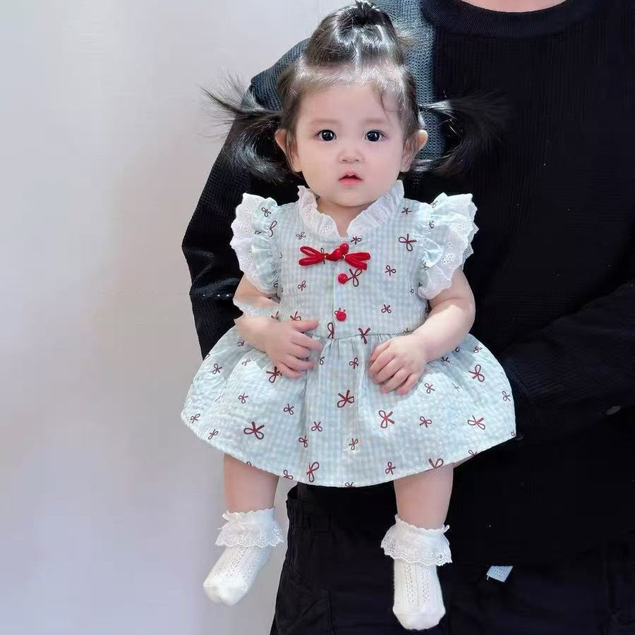 Summer lightweight sweet flutter sleeve romper dress baby princess dress newborn baby girl full month 100-day first birthday outfit