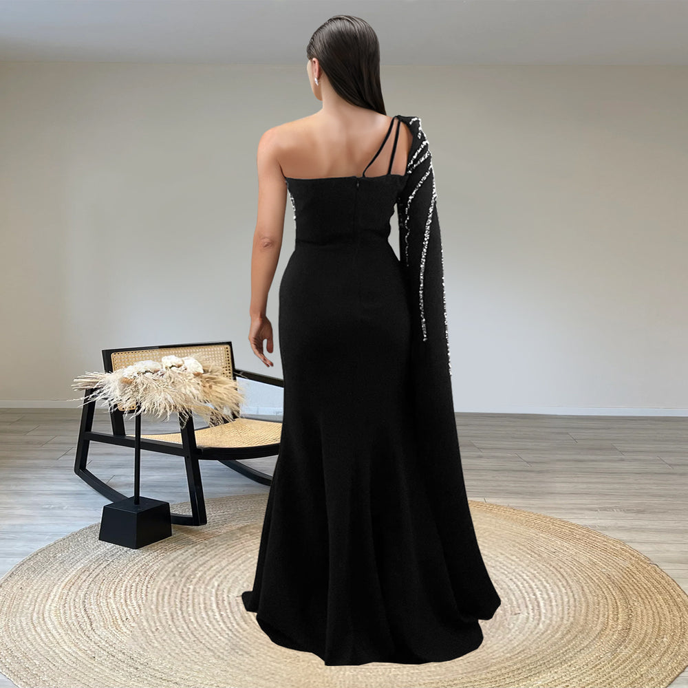 C7288 cross-border foreign trade women's independent station  hot diamond long dress black fishtail shawl long sleeves women