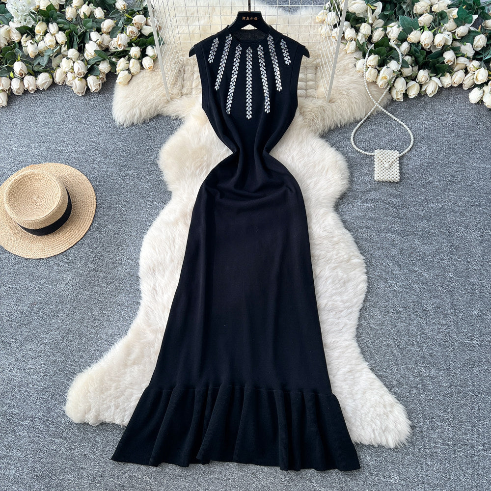 Luxury sleeveless halter neck diamond-embellished knit dress - women's summer high-waisted fitted mermaid dress - commute-friendly designer maxi dress