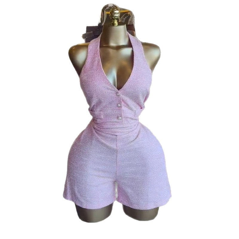 European and american women's clothing  autumn new sweet and fresh halter v-neck backless high-waisted slimming straight-leg jumpsuit