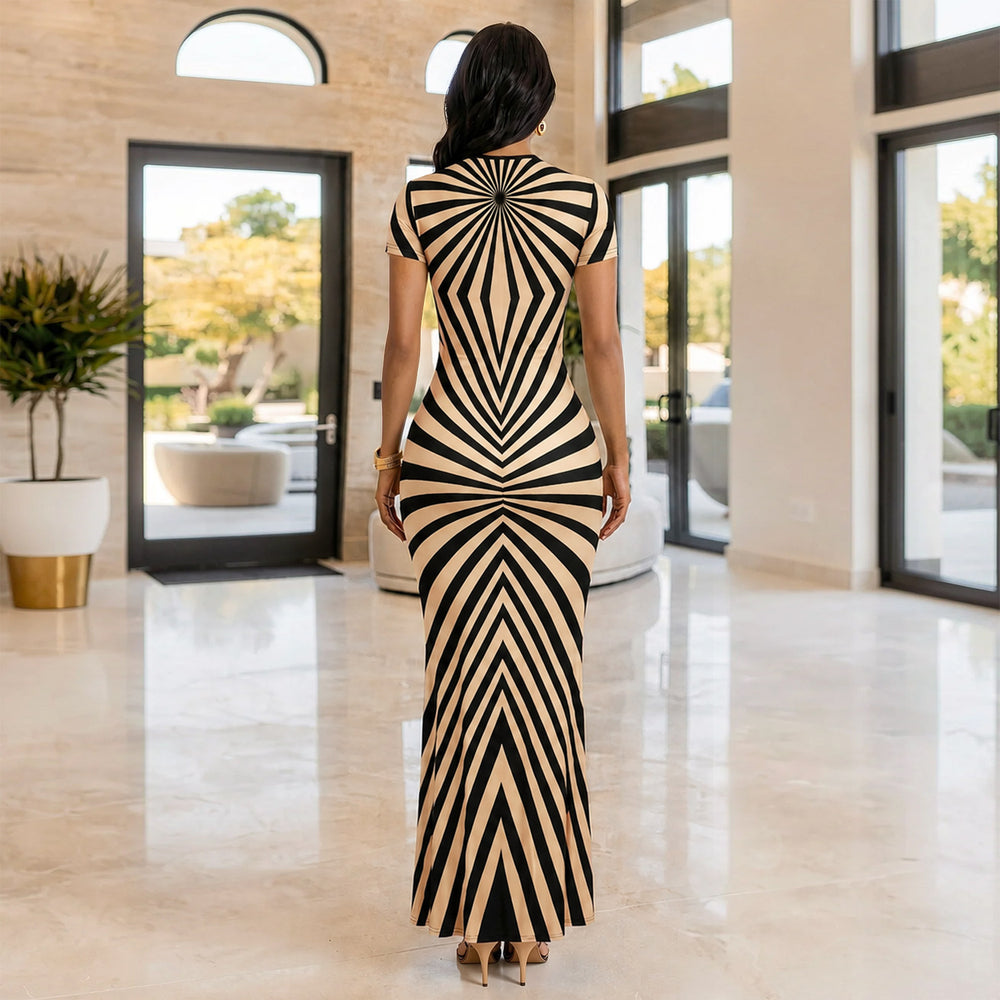C7725 cross-border   fashion women's elegant personalized printed striped long dress