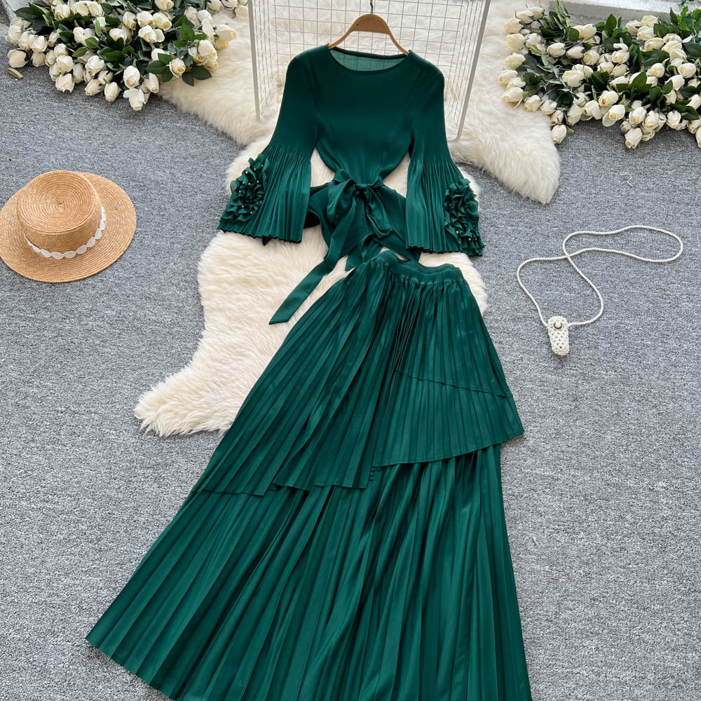 Fashionsense of design strappy waist flared sleeves asymmetrical pleated topshigh waistslimming look large swing skirt suit