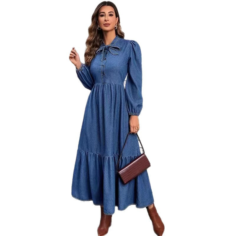 european and american new arrival: high-end denim long-sleeve fashionable fitted waist dress for women - perfect for  and independent cross-border e-commerce stores