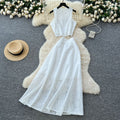 French retro hollow-out crochet design set for women: sleeveless tank top + high-waisted elastic waist flared midi skirt