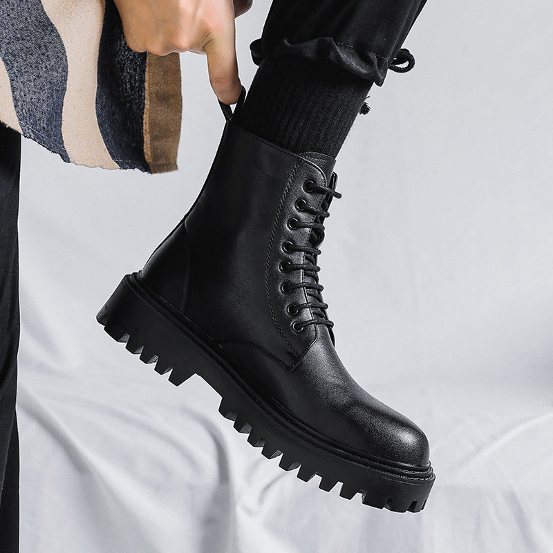 Popular martin boots for men, high-top trendy spring & fall british style, retro mid-top leather shoes, heightening black leather boots