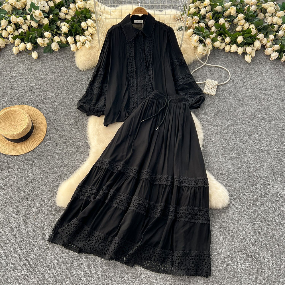 Age-reducing suit for women classy sense cut outlacepatchwork lantern long sleevesshirt + high waistslimming look large swing skirt
