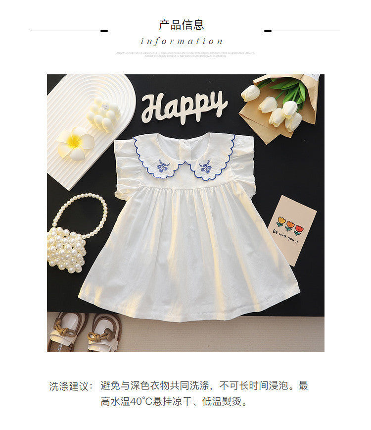 Summer girls' solid color lace collar round neck casual short sleeve flutter sleeve outerwear dress for toddlers and young children