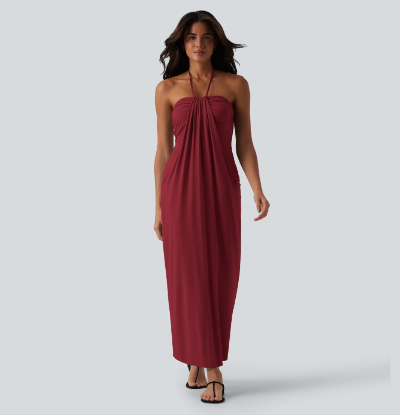 European and american cross-border women's fashion:  summer new arrivals - stylish vacation-inspired solid color halter neck tie-back backless dress wholesale
