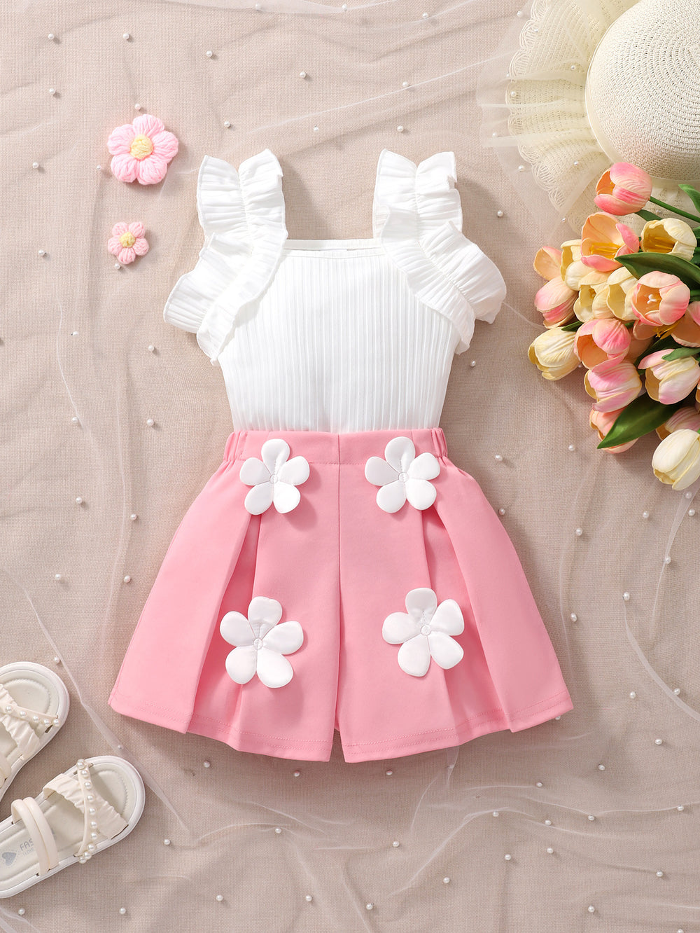 Girls' two-piece set: ruffle-trimmed top + shorts with 3d floral appliqué
