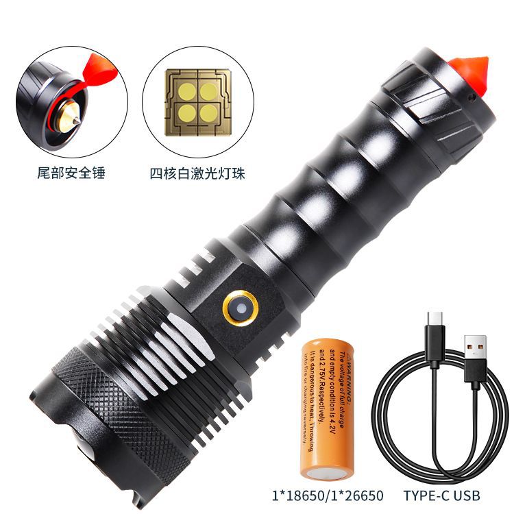 Cross-border new white laser Type-cx strong light USB charging, with tail hammer power display output LED flashlight
