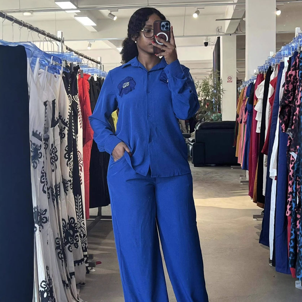 European and american cross-border women's fashion:  summer new collection - solid color floral long sleeve blouse and high-waisted trousers casual set