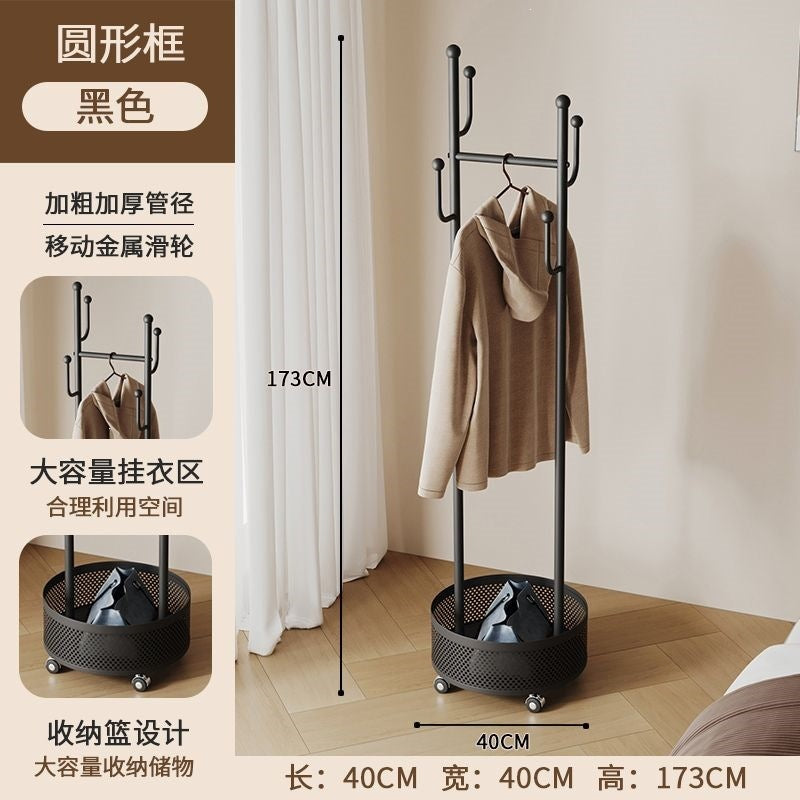 Bedroom floor-standing secondary net clothes hanger, small clothes hanger with dirty clothes basket, movable coat rack, round frame black