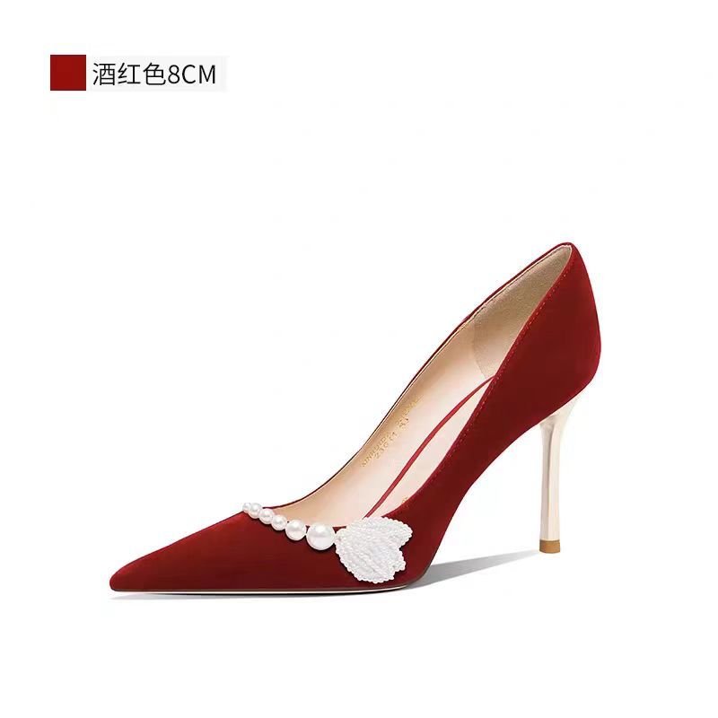 Pearl red wedding shoes! niche style elegant suede bridal xiuhe shoes engagement dinner with cheongsam bridesmaid high heels