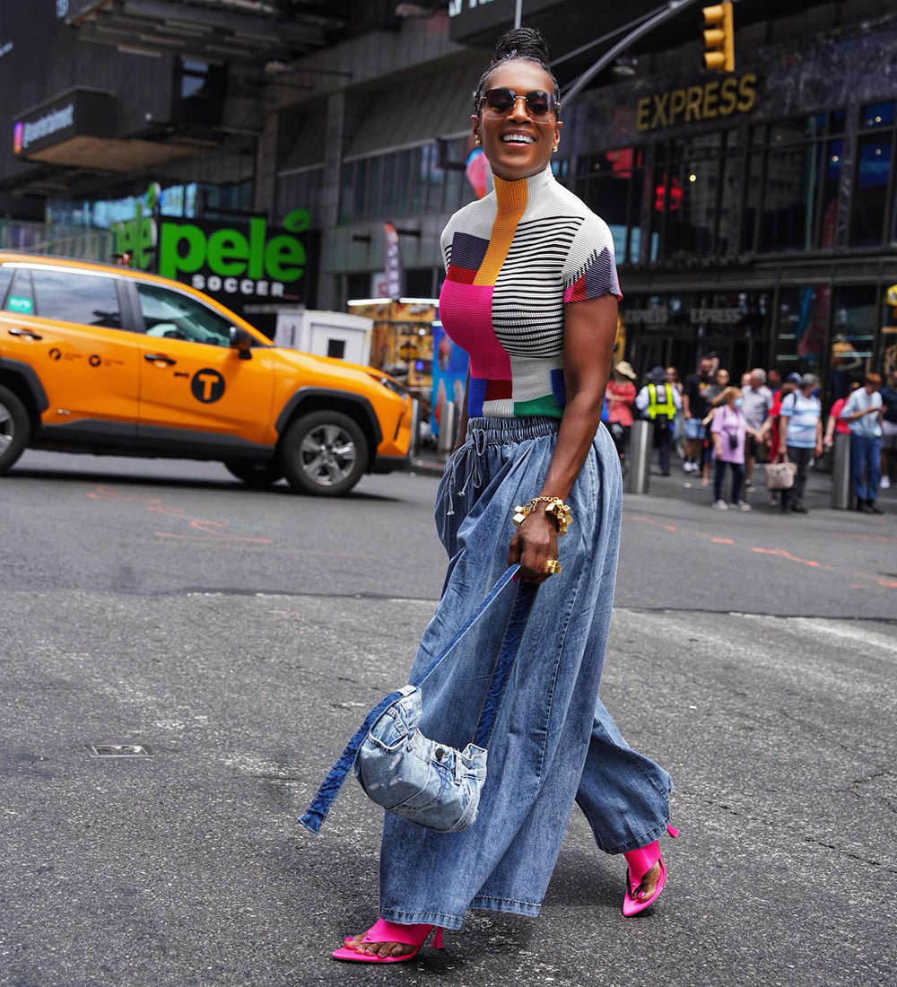 European and american cross-border women's fashion:  summer street style elastic waist drawstring high-waisted cropped wide-leg jeans