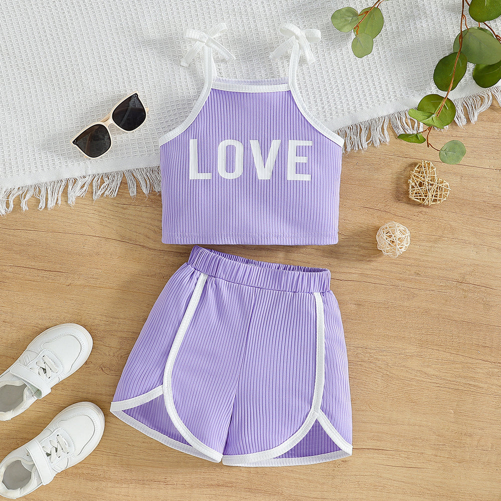 Summer kids' tank top set - vertical striped purple letter print sporty style - girls' solid color shorts two-piece outfit
