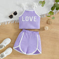 Summer kids' tank top set - vertical striped purple letter print sporty style - girls' solid color shorts two-piece outfit