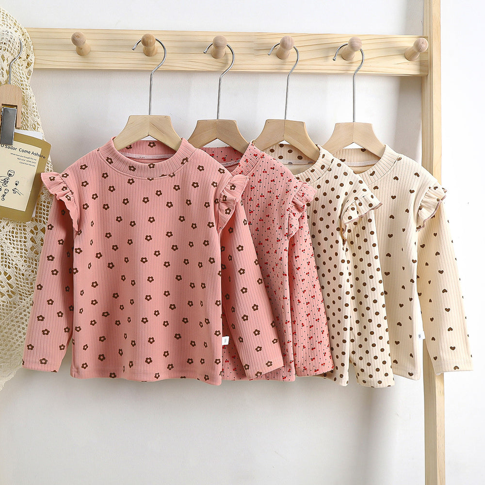 Girls' fall/winter floral print undershirt - girls' flutter sleeve autumn t-shirt - versatile trendy flutter sleeve undershirt for little girls