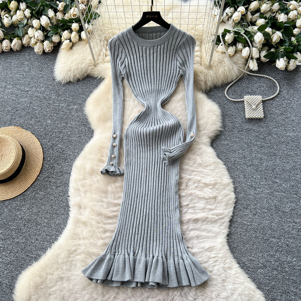 French chic high-end round neck metal buckle long sleeve dress - women's autumn slimming ruffle knit dress