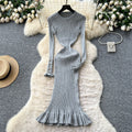 French chic high-end round neck metal buckle long sleeve dress - women's autumn slimming ruffle knit dress