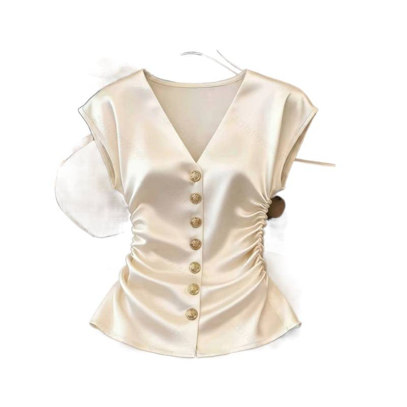 Women's new summer french chic solid color satin v-neck shirred waist blouse - perfect for office commuting