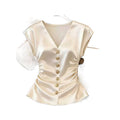 Women's new summer french chic solid color satin v-neck shirred waist blouse - perfect for office commuting
